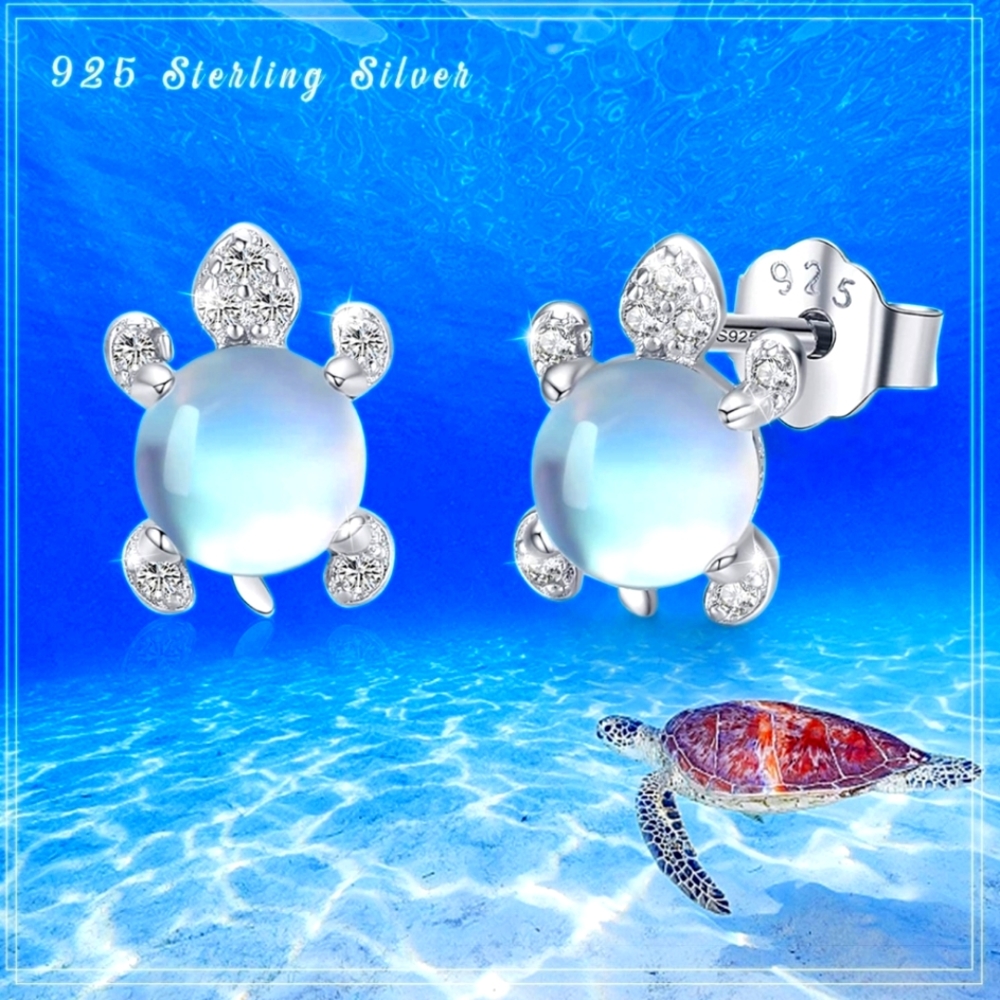 .925 Silver Turtle Moonstone Stud Earrings